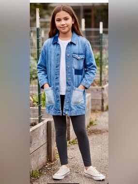 Old Navy Girls XL 14 Heavyweight Denim Chore Coat Patchwork Jacket Shacket